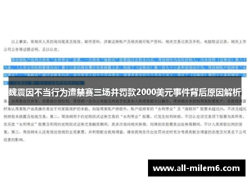 魏震因不当行为遭禁赛三场并罚款2000美元事件背后原因解析